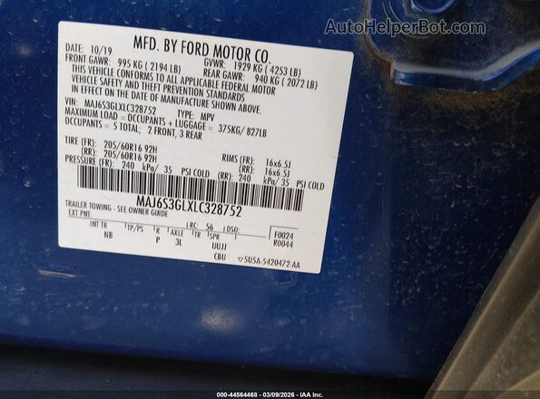 MAJ6S3GLXLC328752 2020 FORD ECOSPORT Blue Вид підкапотного простору