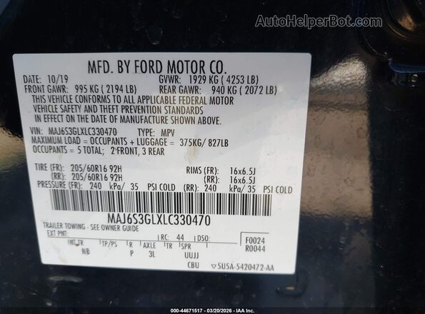 MAJ6S3GLXLC330470 2020 FORD ECOSPORT Black Engine compartment view