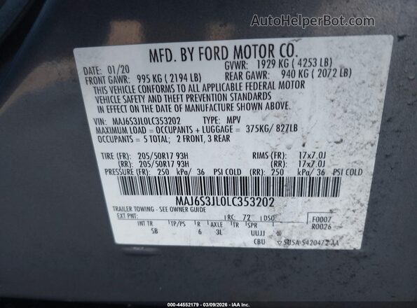 MAJ6S3JL0LC353202 2020 FORD ECOSPORT Gray ძრავის განყოფილების ხედი