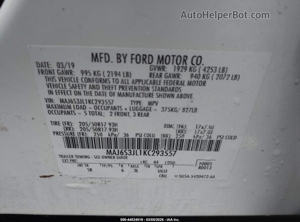MAJ6S3JL1KC293557 2019 FORD ECOSPORT White 