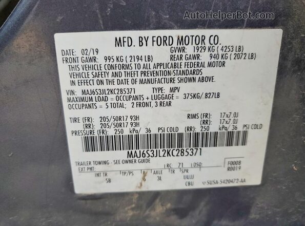 MAJ6S3JL2KC285371 2019 FORD ECOSPORT Gray 