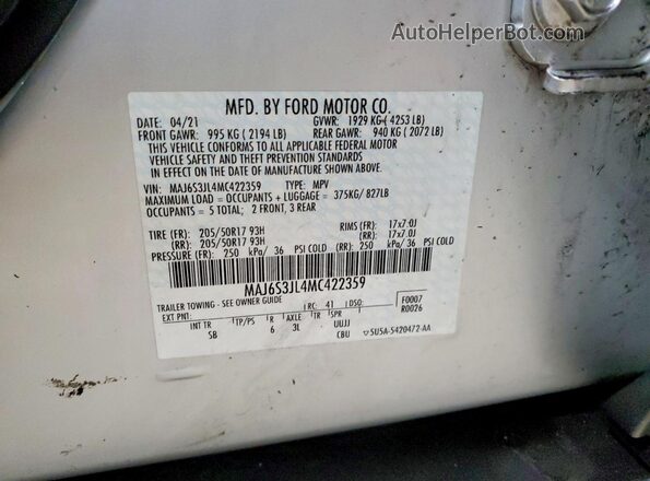 MAJ6S3JL4MC422359 2021 FORD ECOSPORT Silver ძრავის განყოფილების ხედი