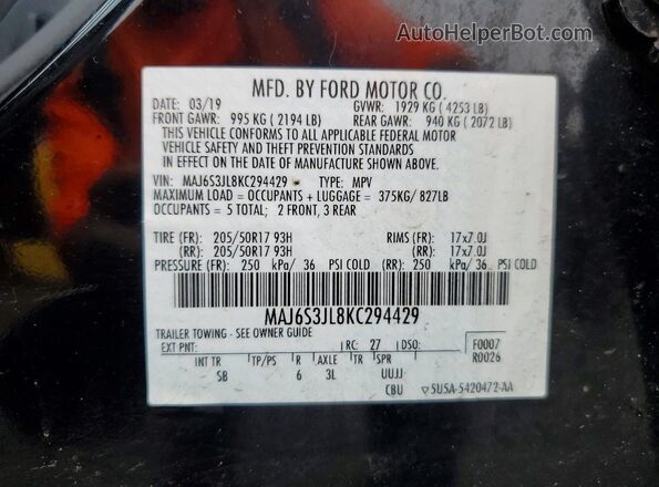 MAJ6S3JL8KC294429 2019 FORD ECOSPORT Black 