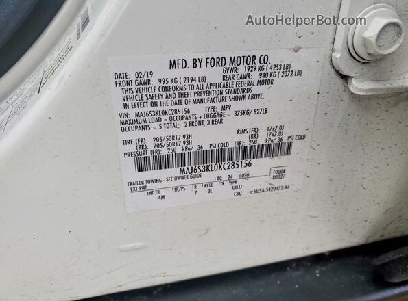 MAJ6S3KL0KC285156 2019 FORD ECOSPORT White 
