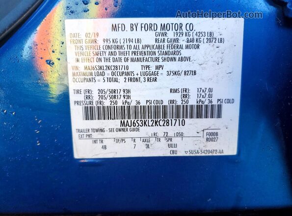 MAJ6S3KL2KC281710 2019 FORD ECOSPORT Blue Vista de la etiqueta del VIN