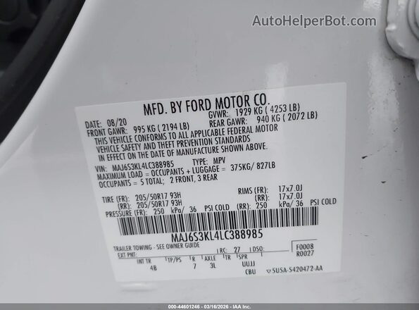 MAJ6S3KL4LC388985 2020 FORD ECOSPORT White ძრავის განყოფილების ხედი