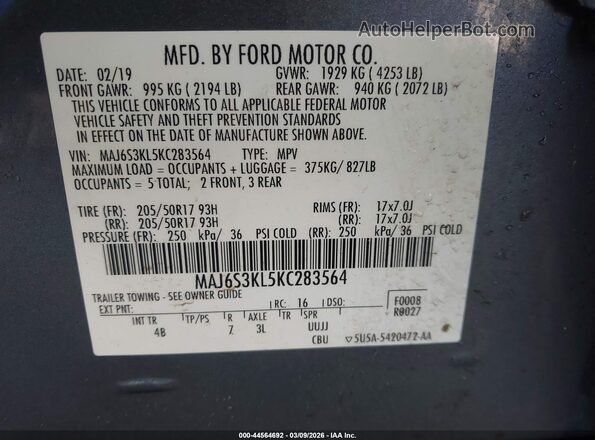 MAJ6S3KL5KC283564 2019 FORD ECOSPORT Gray 