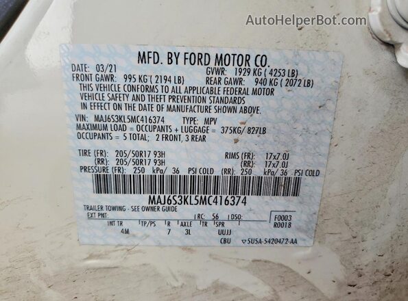 MAJ6S3KL5MC416374 2021 FORD ECOSPORT White VIN կոդի պիտակի տեսք