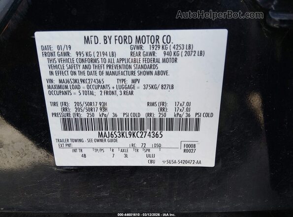 MAJ6S3KL9KC274365 2019 FORD ECOSPORT Black Շարժիչի բաժամունքի տեսք