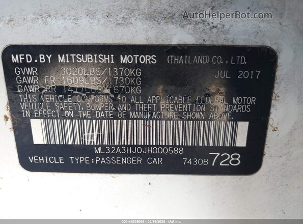 ML32A3HJ0JH000588 2018 MITSUBISHI MIRAGE White 