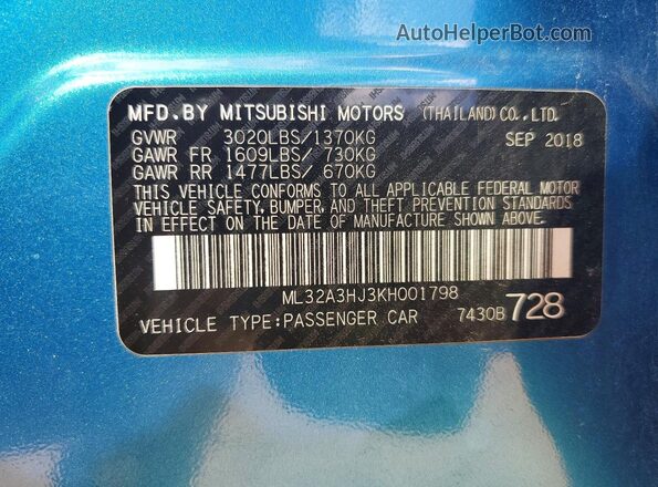 ML32A3HJ3KH001798 2019 MITSUBISHI MIRAGE Blue Widok komory silnika