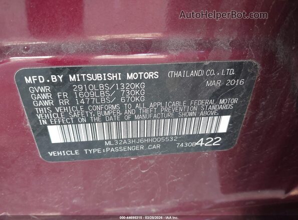 ML32A3HJ6HH005532 2017 MITSUBISHI MIRAGE Purple ძრავის განყოფილების ხედი