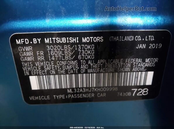 ML32A3HJ7KH009998 2019 MITSUBISHI MIRAGE Blue 