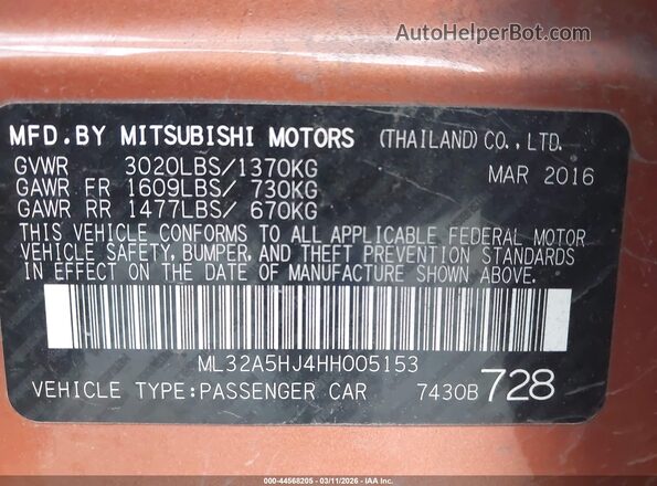 ML32A5HJ4HH005153 2017 MITSUBISHI MIRAGE Orange Вид підкапотного простору