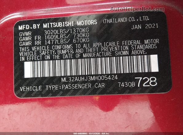 ML32AUHJ3MH005424 2021 MITSUBISHI MIRAGE Red Vista del compartimento del motor