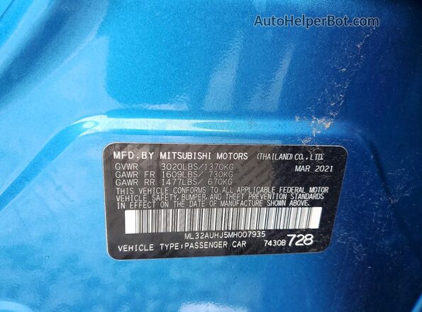 ML32AUHJ5MH007935 2021 MITSUBISHI MIRAGE Blue ძრავის განყოფილების ხედი