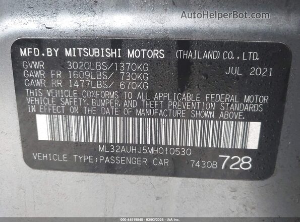ML32AUHJ5MH010530 2021 MITSUBISHI MIRAGE Silver ძრავის განყოფილების ხედი