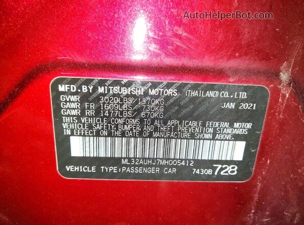 ML32AUHJ7MH005412 2021 MITSUBISHI MIRAGE Maroon ძრავის განყოფილების ხედი
