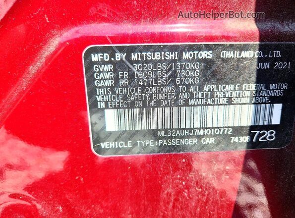 ML32AUHJ7MH010772 2021 MITSUBISHI MIRAGE Red ძრავის განყოფილების ხედი