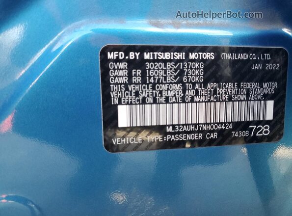ML32AUHJ7NH004424 2022 MITSUBISHI MIRAGE Blue VIN კოდის სტიკერის ხედი
