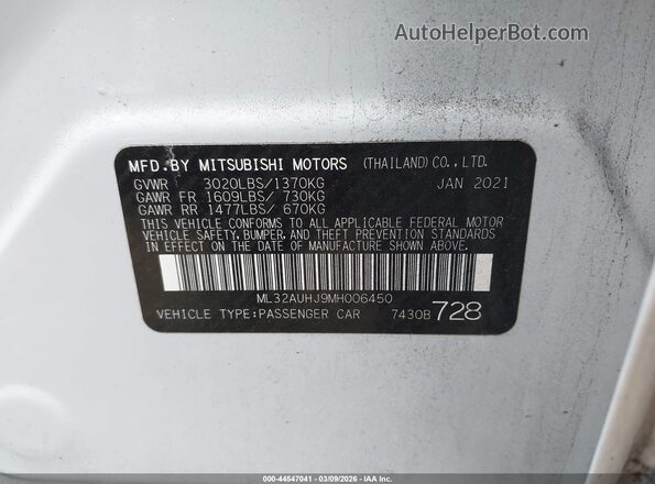ML32AUHJ9MH006450 2021 MITSUBISHI MIRAGE Белый Вид подкапотного пространства