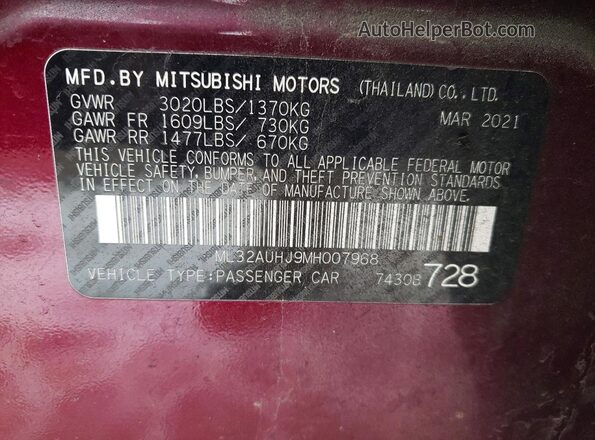 ML32AUHJ9MH007968 2021 MITSUBISHI MIRAGE Burgundy VIN კოდის სტიკერის ხედი