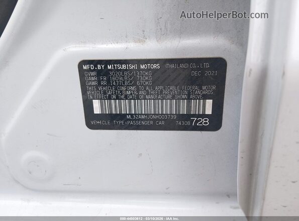ML32AWHJ0NH003739 2022 MITSUBISHI MIRAGE White 