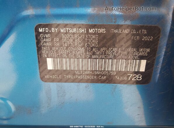 ML32AWHJ5NH005759 2022 MITSUBISHI MIRAGE Blue ძრავის განყოფილების ხედი