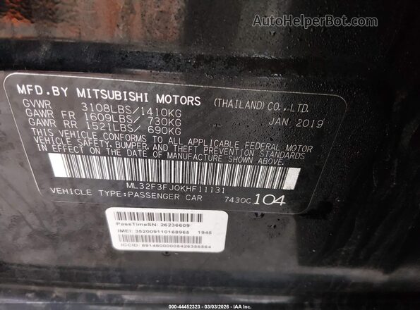 ML32F3FJ0KHF11131 2019 MITSUBISHI MIRAGE G4 Черный Вид подкапотного пространства