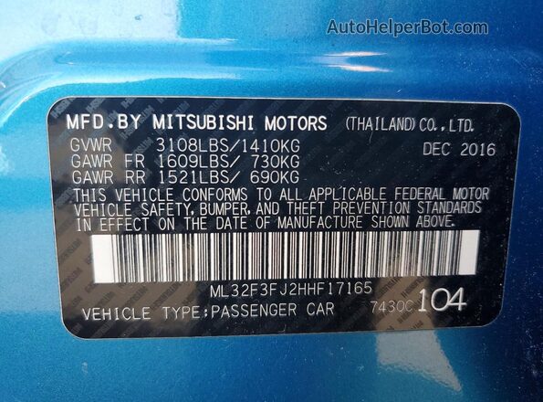 ML32F3FJ2HHF17165 2017 MITSUBISHI MIRAGE Blue VIN կոդի պիտակի տեսք