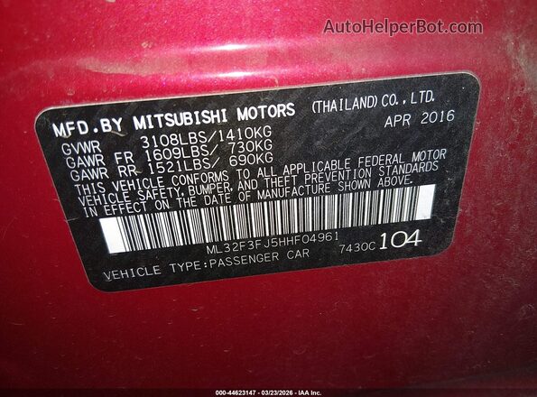 ML32F3FJ5HHF04961 2017 MITSUBISHI MIRAGE G4 Red ძრავის განყოფილების ხედი