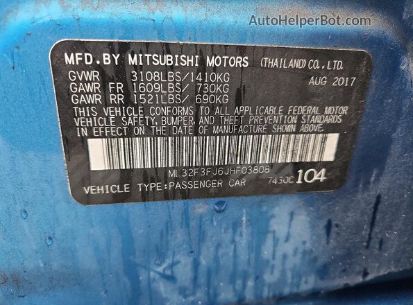 ML32F3FJ6JHF03808 2018 MITSUBISHI MIRAGE Blue Вид наклейки з VIN-кодом