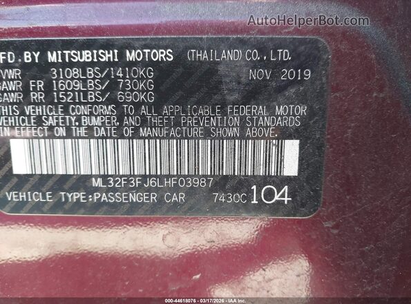 ML32F3FJ6LHF03987 2020 MITSUBISHI MIRAGE G4 Maroon 