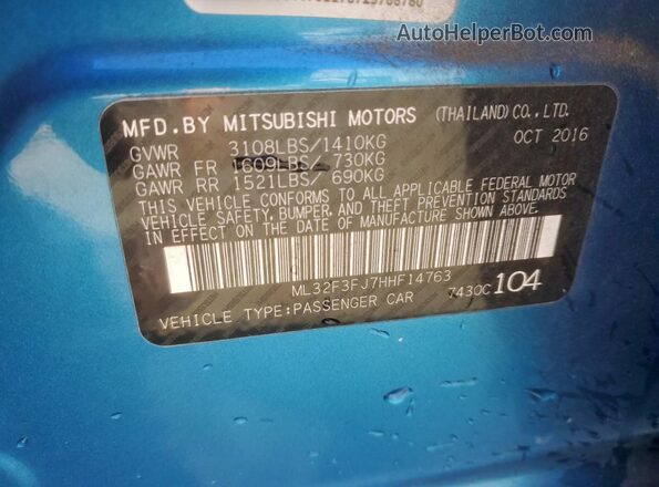 ML32F3FJ7HHF14763 2017 MITSUBISHI MIRAGE Blue Вид підкапотного простору