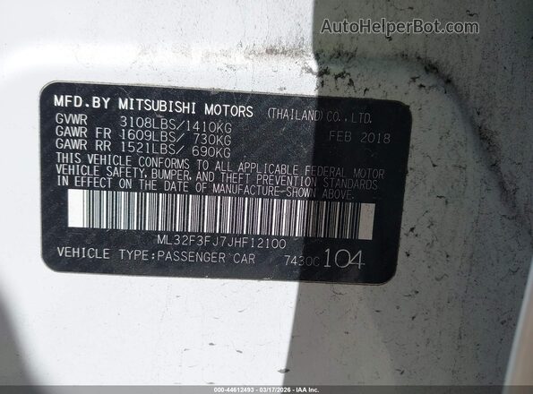 ML32F3FJ7JHF12100 2018 MITSUBISHI MIRAGE G4 White Вид підкапотного простору