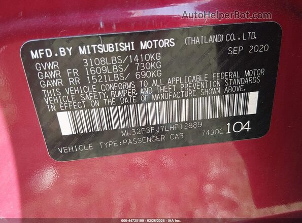 ML32F3FJ7LHF12889 2020 MITSUBISHI MIRAGE G4 Burgundy Շարժիչի բաժամունքի տեսք