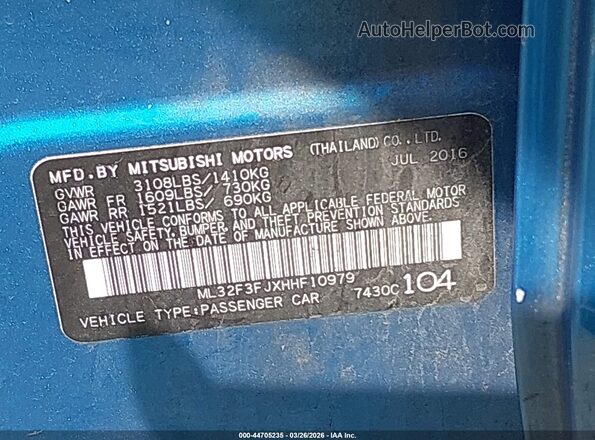 ML32F3FJXHHF10979 2017 MITSUBISHI MIRAGE G4 Синий 