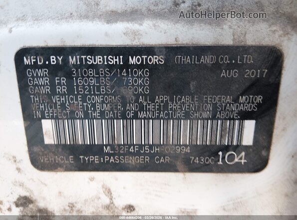 ML32F4FJ5JHF02994 2018 MITSUBISHI MIRAGE G4 White ძრავის განყოფილების ხედი