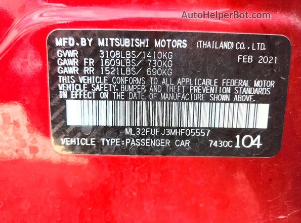 ML32FUFJ3MHF05557 2021 MITSUBISHI MIRAGE Red Вид наклейки з VIN-кодом
