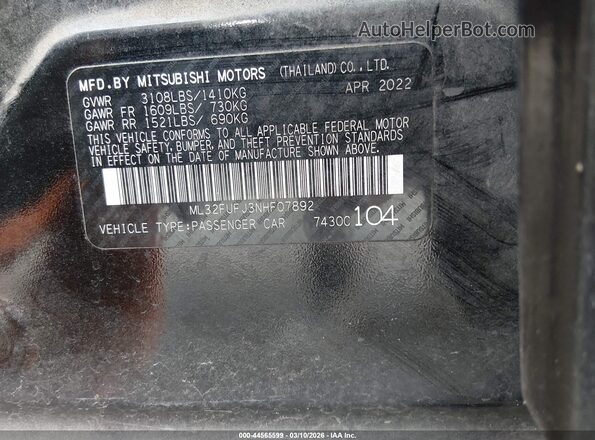 ML32FUFJ3NHF07892 2022 MITSUBISHI MIRAGE G4 Черный Вид подкапотного пространства