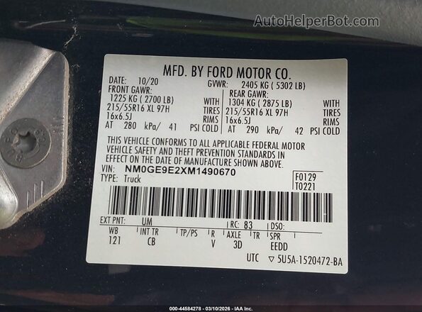 NM0GE9E2XM1490670 2021 FORD TRANSIT CONNECT Black Vista del compartimento del motor