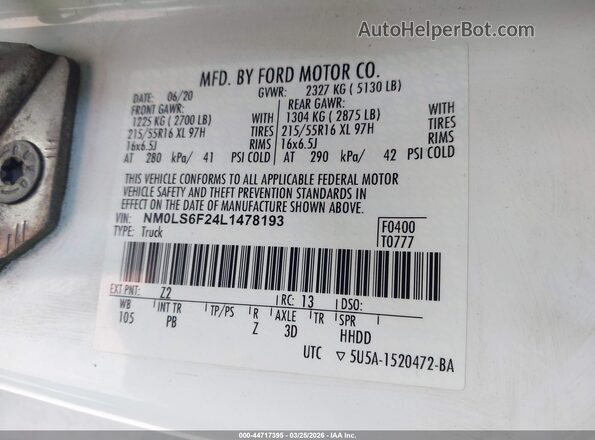 NM0LS6F24L1478193 2020 FORD TRANSIT CONNECT White Շարժիչի բաժամունքի տեսք