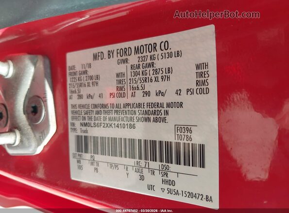 NM0LS6F2XK1410186 2019 FORD TRANSIT CONNECT Red Շարժիչի բաժամունքի տեսք