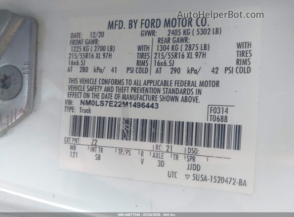 NM0LS7E22M1496443 2021 FORD TRANSIT CONNECT White Вид підкапотного простору