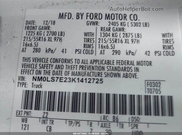 NM0LS7E23K1412725 2019 FORD TRANSIT CONNECT White Widok komory silnika