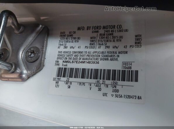NM0LS7E24M1483936 2021 FORD TRANSIT CONNECT White 