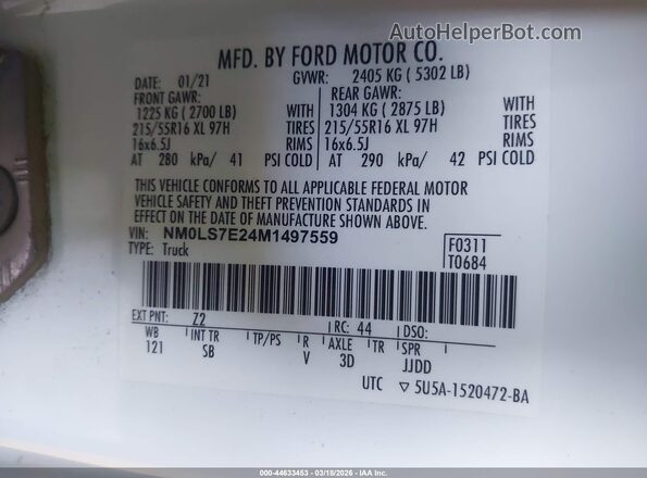 NM0LS7E24M1497559 2021 FORD TRANSIT CONNECT White Widok komory silnika