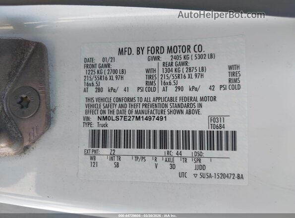 NM0LS7E27M1497491 2021 FORD TRANSIT CONNECT White ძრავის განყოფილების ხედი