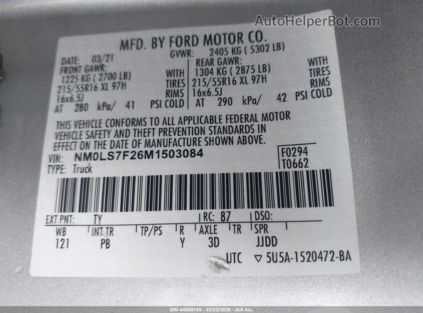 NM0LS7F26M1503084 2021 FORD TRANSIT CONNECT Silver Вид підкапотного простору