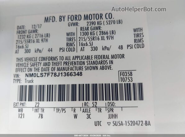 NM0LS7F78J1366348 2018 FORD TRANSIT CONNECT White Widok komory silnika